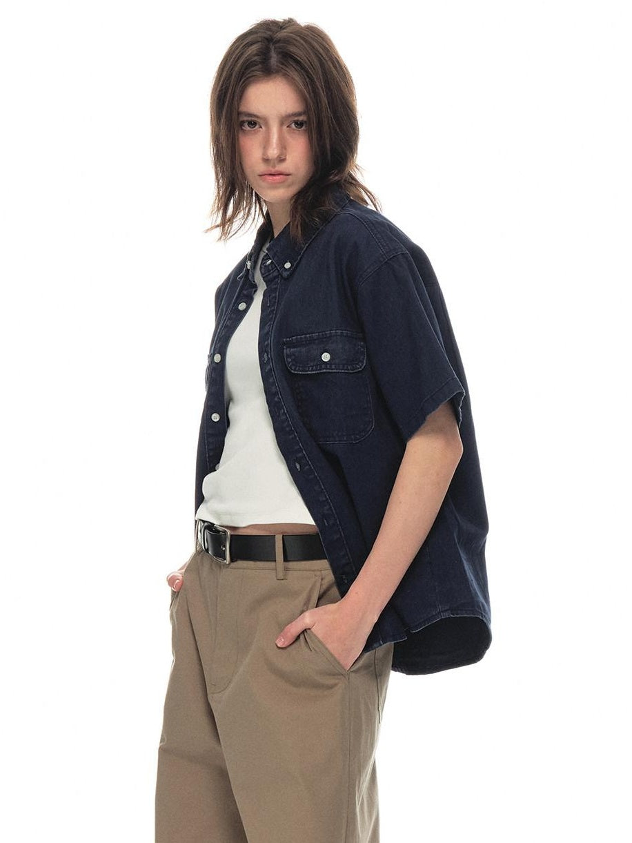 Country Moment Breathable 100% Cotton Patch Pocket Turn Down Collar Regular Men Indigo Shirts