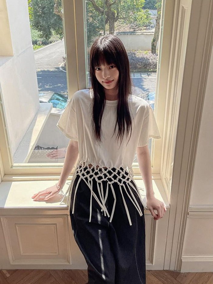 DDGIRL studio White Fringe Cropped Loose 100% Cotton Commuter Crew Neck Short Sleeve T-Shirts