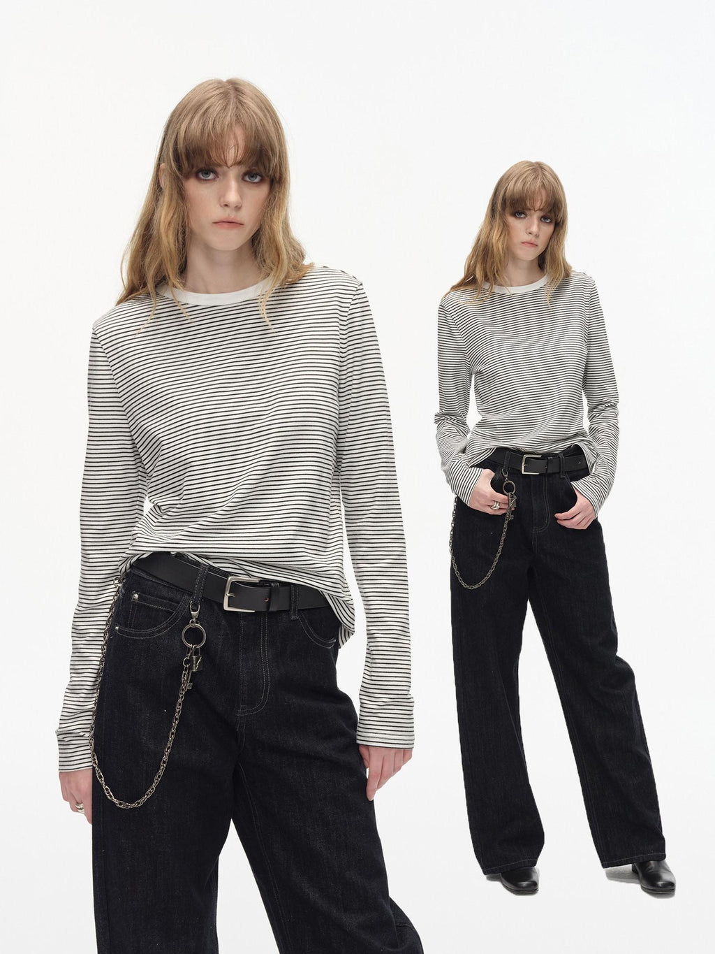 Country Moment Breathable Cotton Slim Fit Contrast Striped Crew Neck Women Long Sleeve T-Shirts