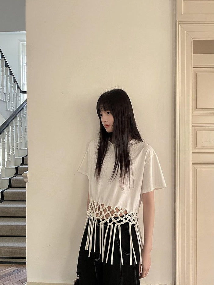 DDGIRL studio White Fringe Cropped Loose 100% Cotton Commuter Crew Neck Short Sleeve T-Shirts