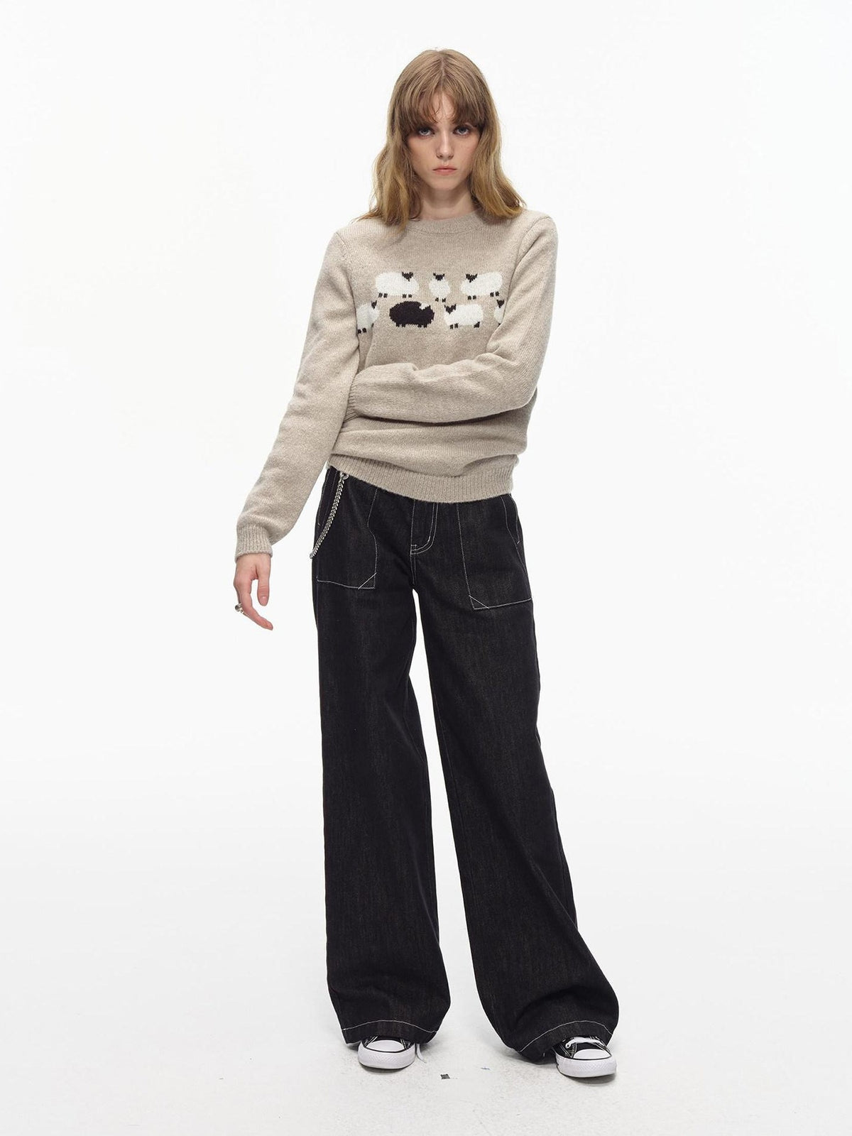 Country Moment Thermal Embroidered Commuter Loose Fit Unisex Crewneck Acrylic Knit Sweaters