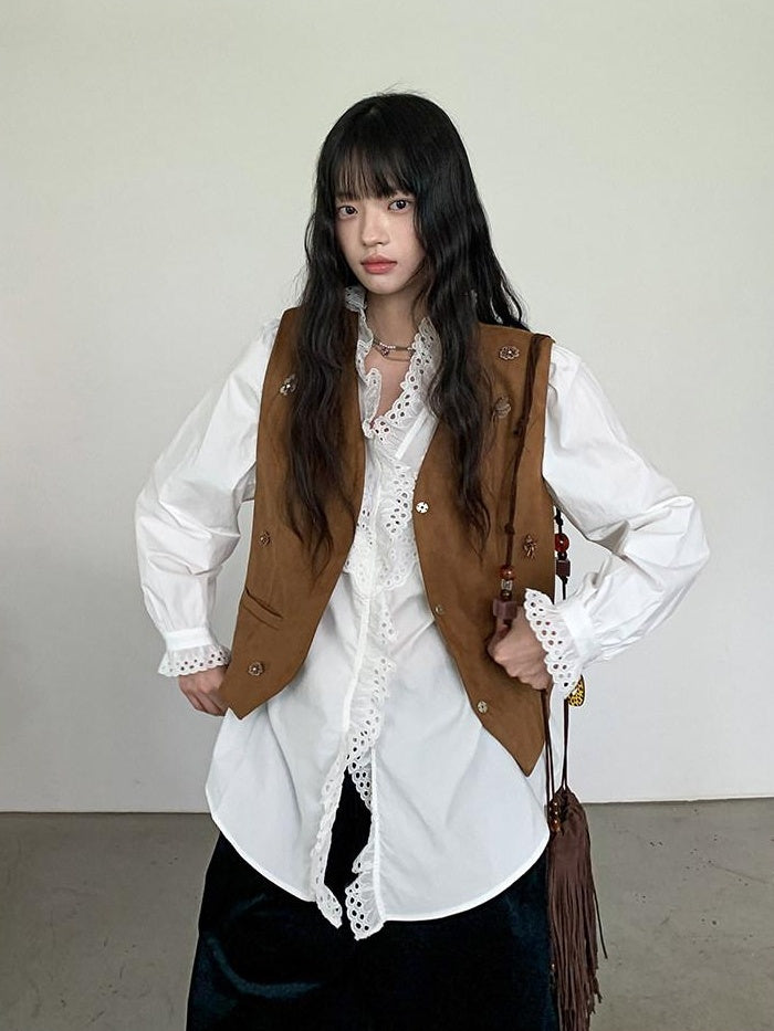 DDGIRL studio Cotton Ruffle Lace Loose V-neck Cardigan Office Casual Women Breathable Shirts