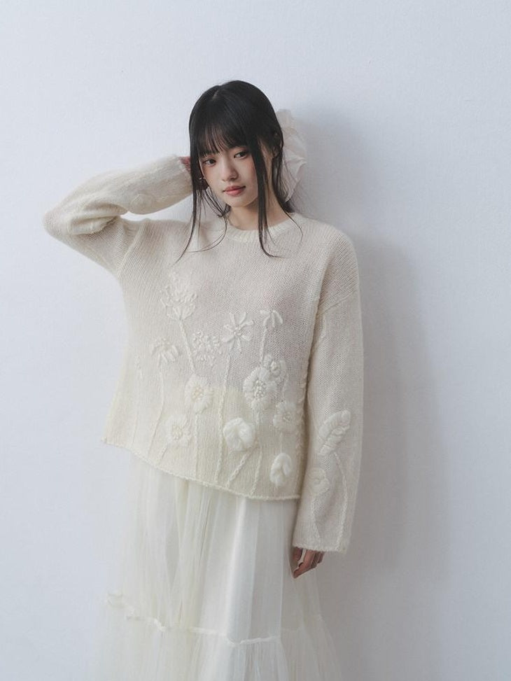 DDGIRL studio Ultra Soft Relaxed Embroidered Floral Crochet Round Neck Women Knit Sweaters