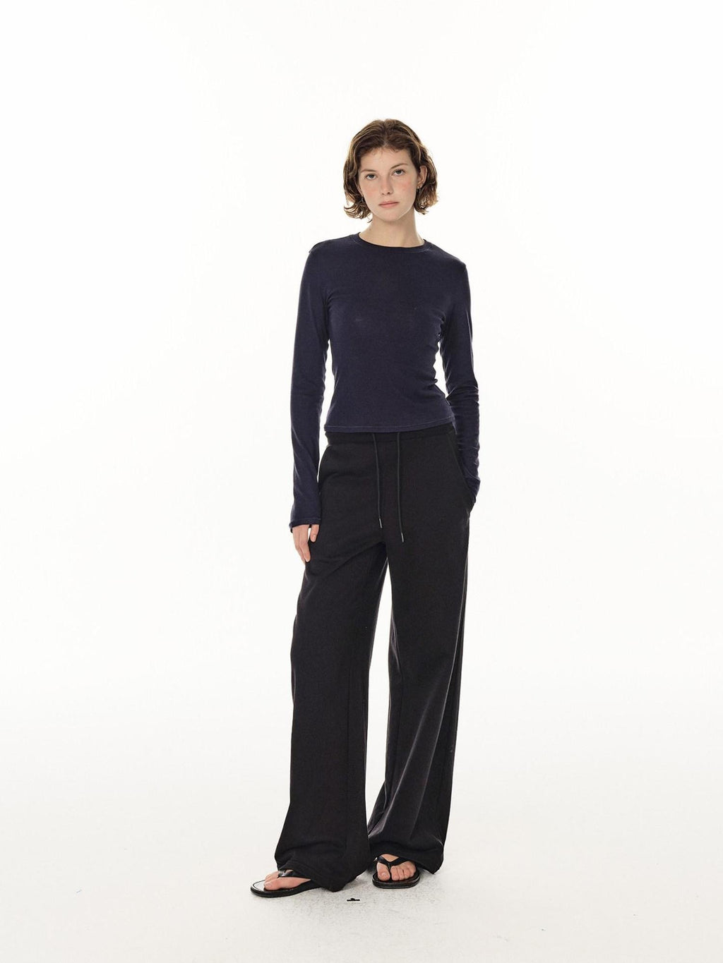 Country Moment Durable Cotton Mid Rise Straight Elastic Youth Casual Black Gray Wide Leg Pants