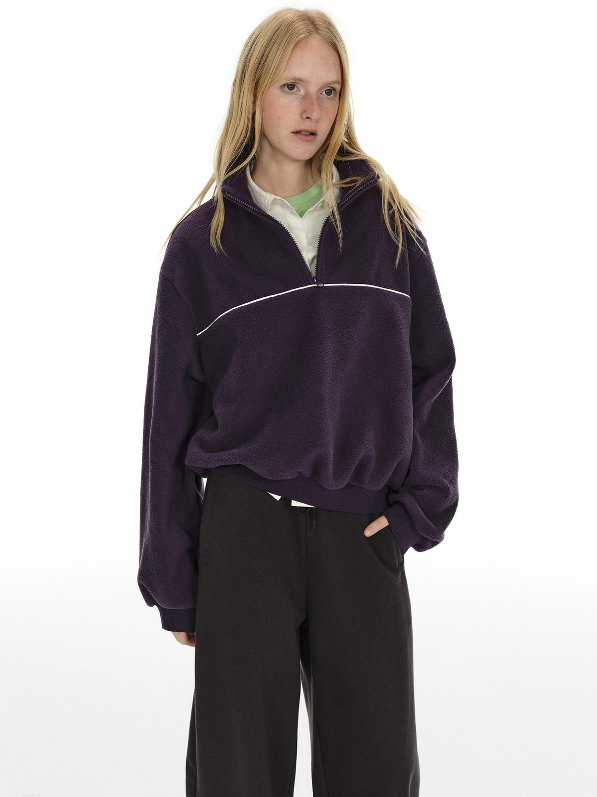 Country Moment Warm Fleece Short Zip Stand Collar Colorblock Loose Fit Unisex Purple Sweatshirt