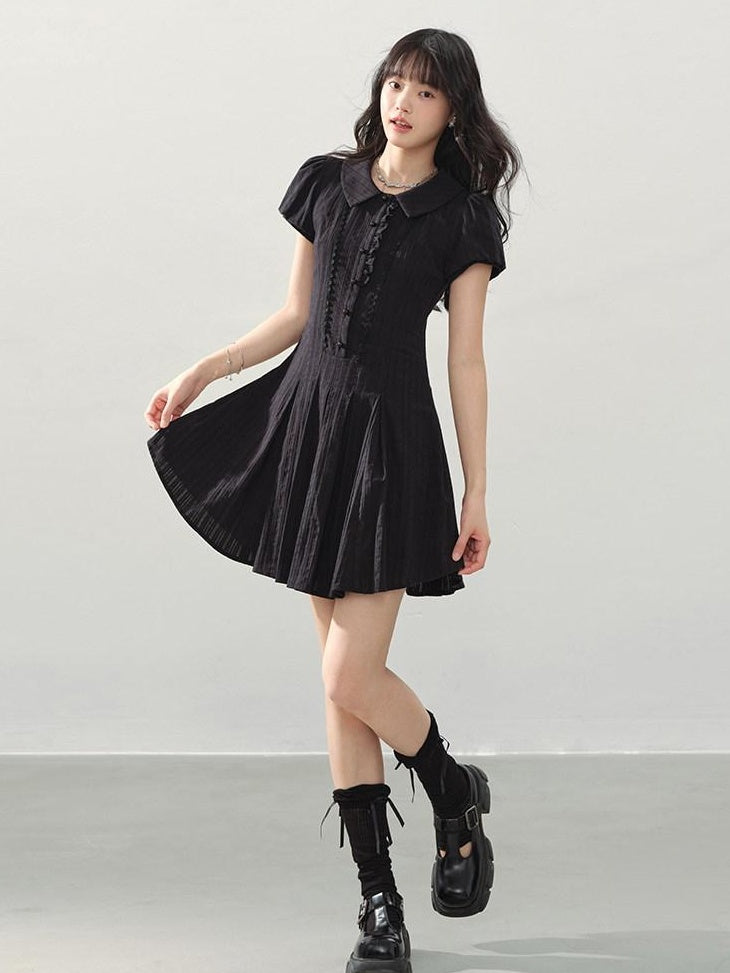 DDGIRL studio Sweet Cotton A Line Puff Sleeve Doll Collar Fitted Waist Midi Dresses