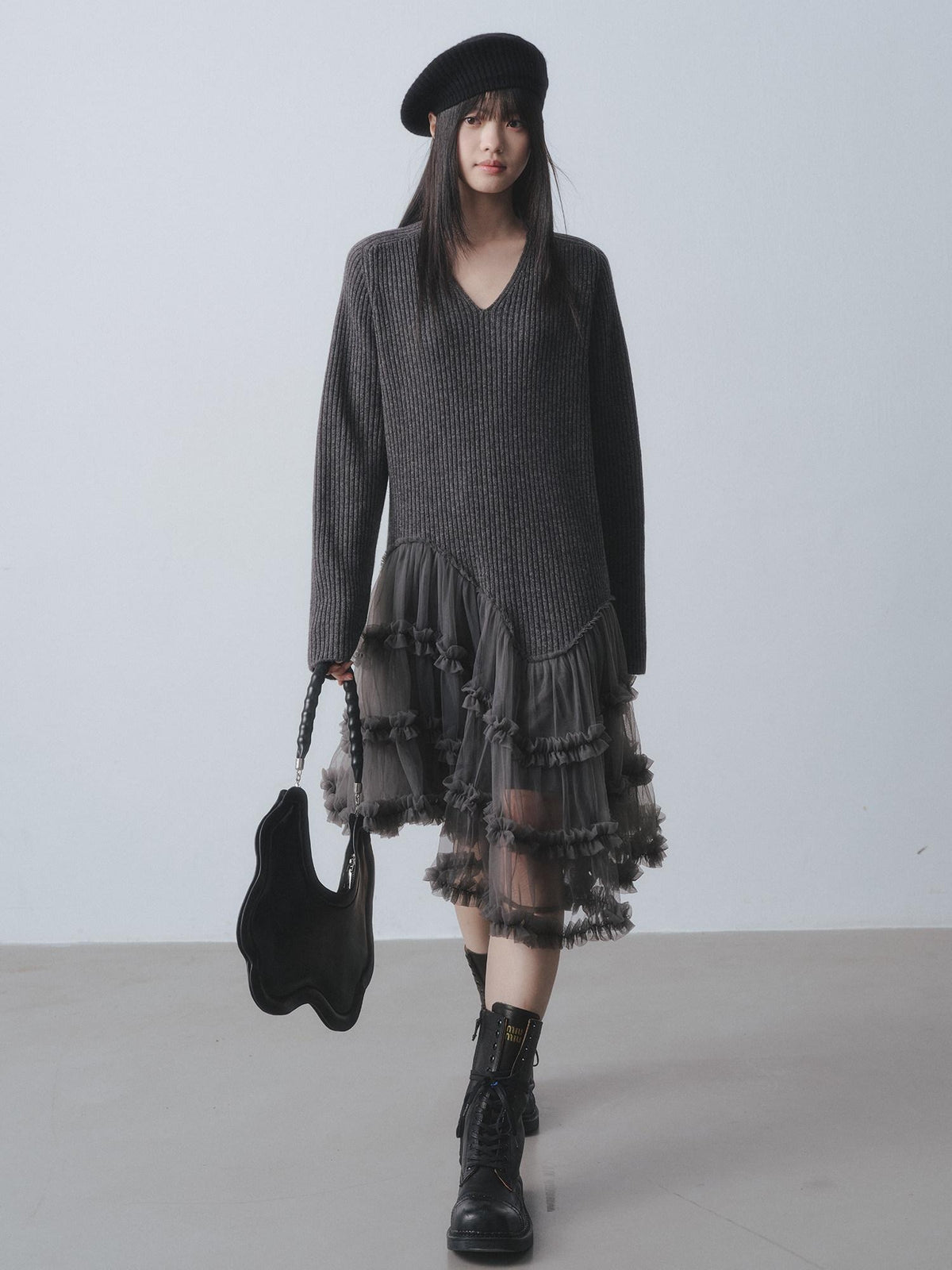 DDGIRL studio Warm 100 Percent Wool High Waist Mesh Splice A Line Sweater Midi Dresses