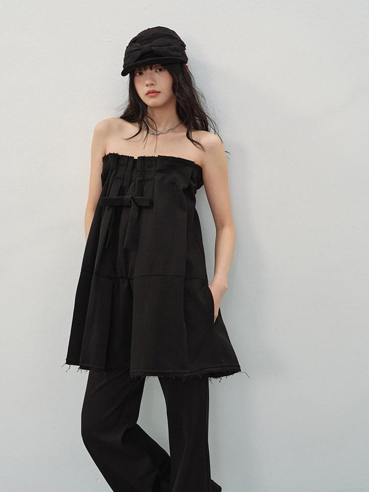 DDGIRL studio Soft Cotton Blend High Waist Bow A Line Strapless Workwear Women Mini Dresses