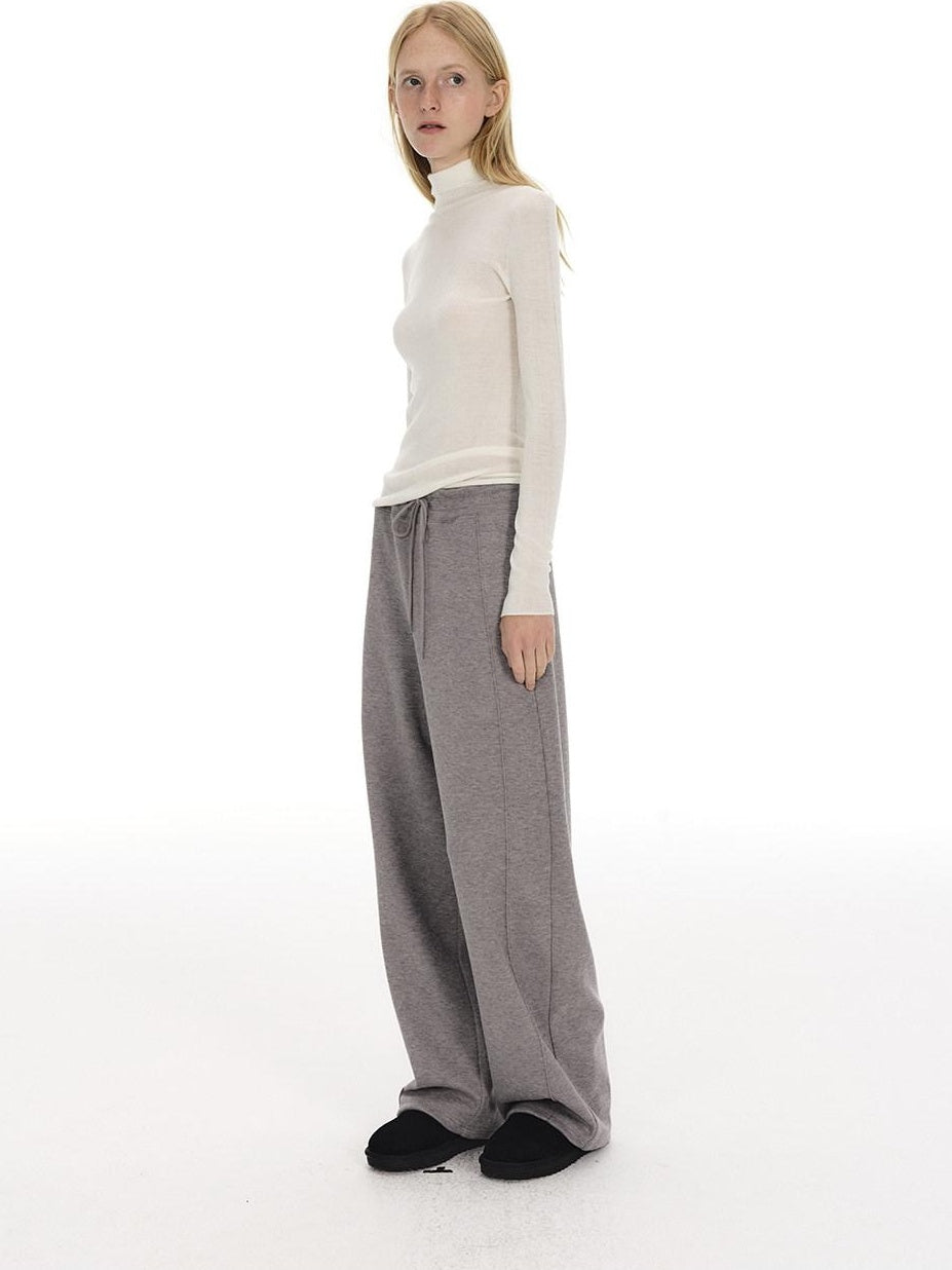 Country Moment Warm Wool Lined Pleated Drawstring Loose Fit Gray Straight Sweatpants