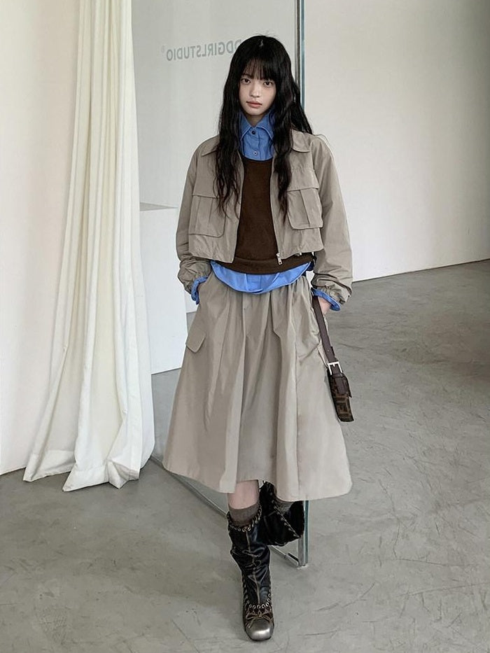 DDGIRL studio Zip Front Long Sleeve Lapel Collar Commuter Women Polyester Top & Shorts Sets