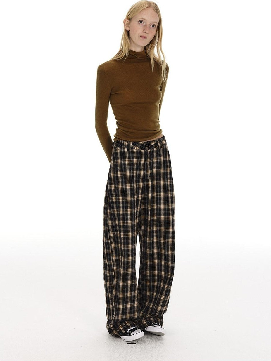Country Moment 100% Cotton Vintage Wide Leg Black Brown Plaid Natural Waist Straight Pants