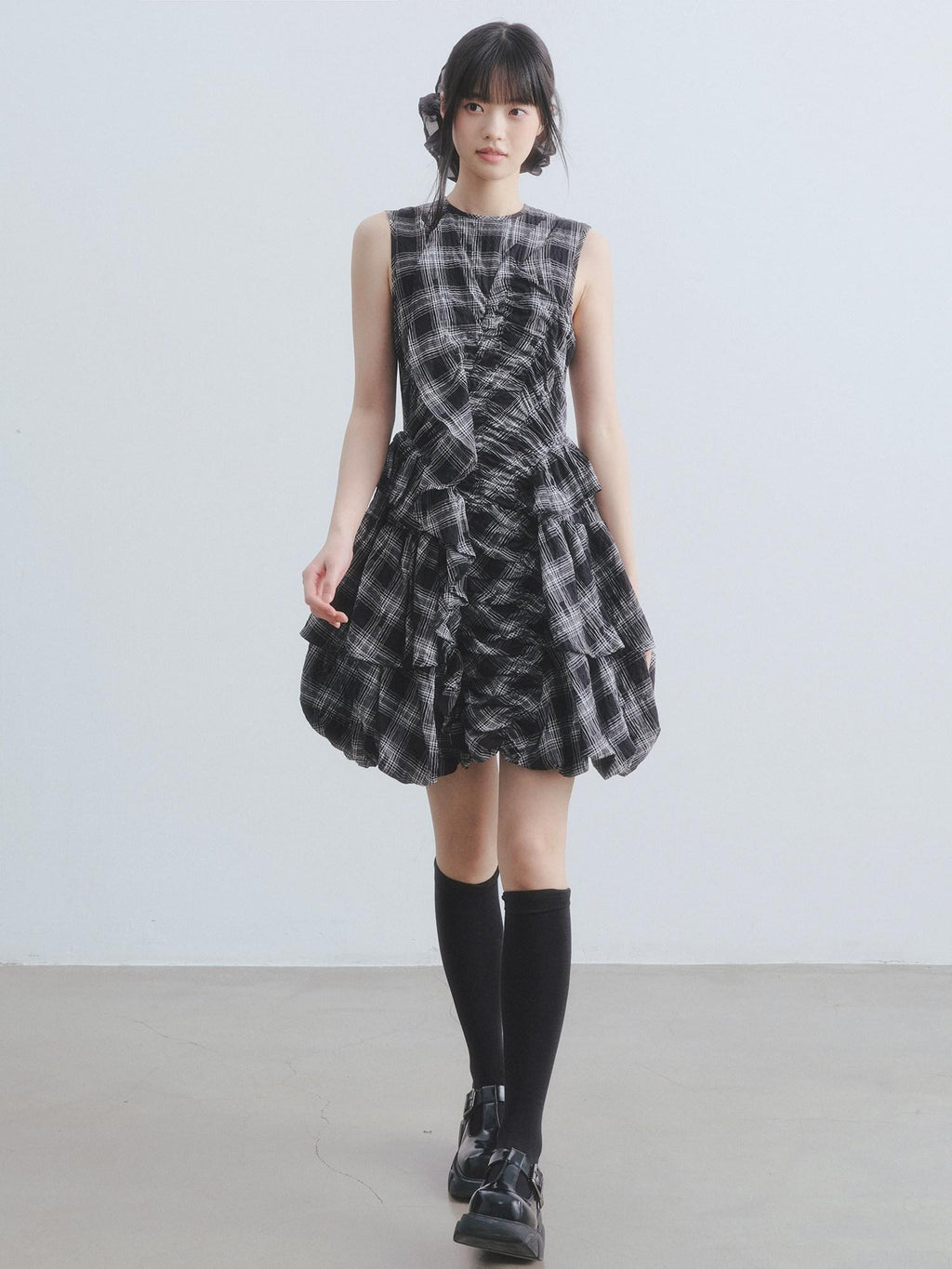 DDGIRL studio Soft Cotton Shirred A Line Sleeveless Checked Workwear Puff Skirt Mini Dresses