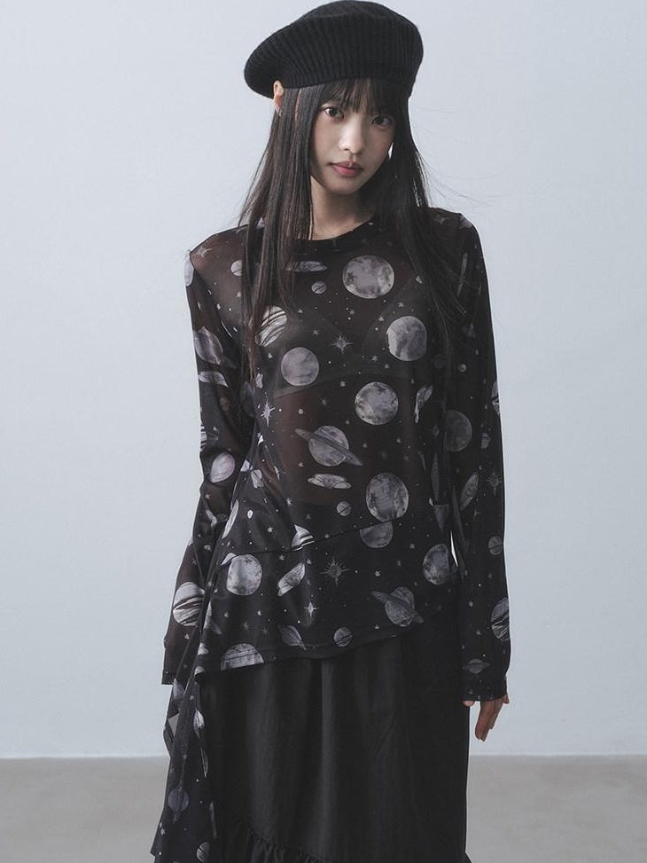 DDGIRL studio Breathable Ultra Thin Commuter Loose Mesh Galaxy Print Long Sleeve T-Shirts