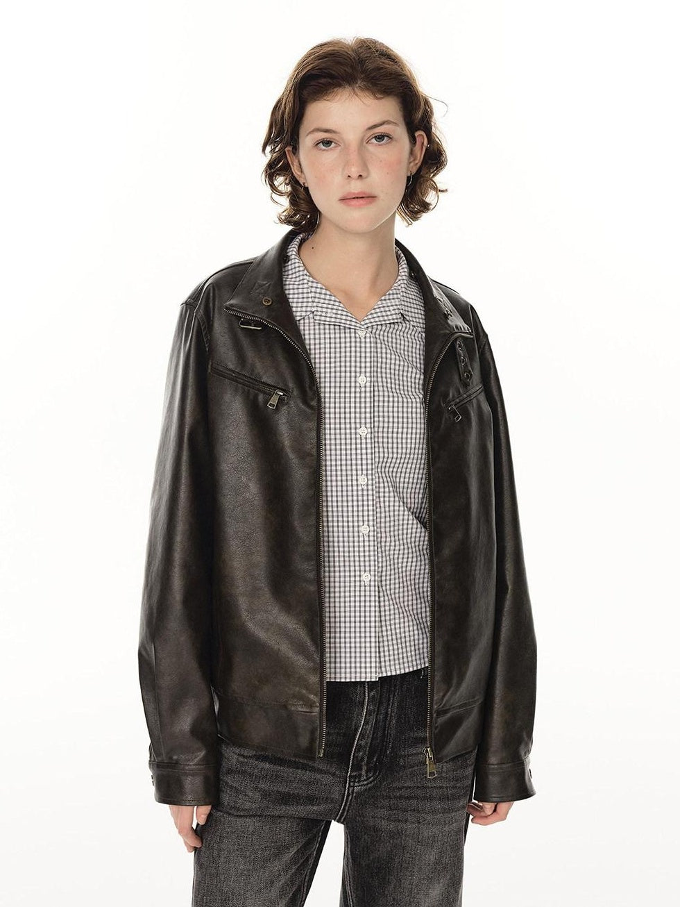 Country Moment Warm Pu Leather Detachable Hood Loose Fit Casual Unisex Leather Jackets