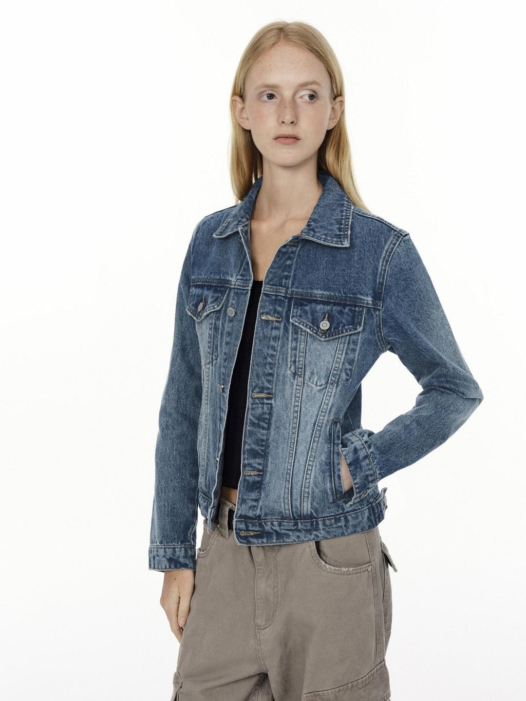 Country Moment Durable Gradient Washed Button Detail Vintage Slim Cropped Unisex Denim Jackets