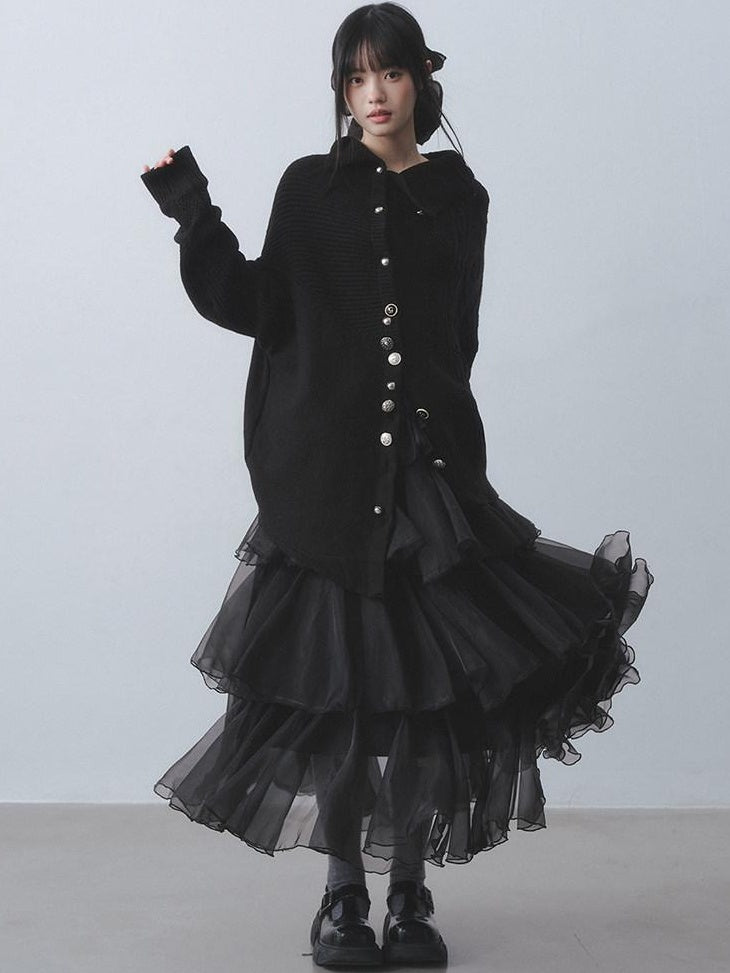 DDGIRL studio Soft Relaxed Ribbed Button Mid Length Women Campus Cotton Blend Black Cardigans