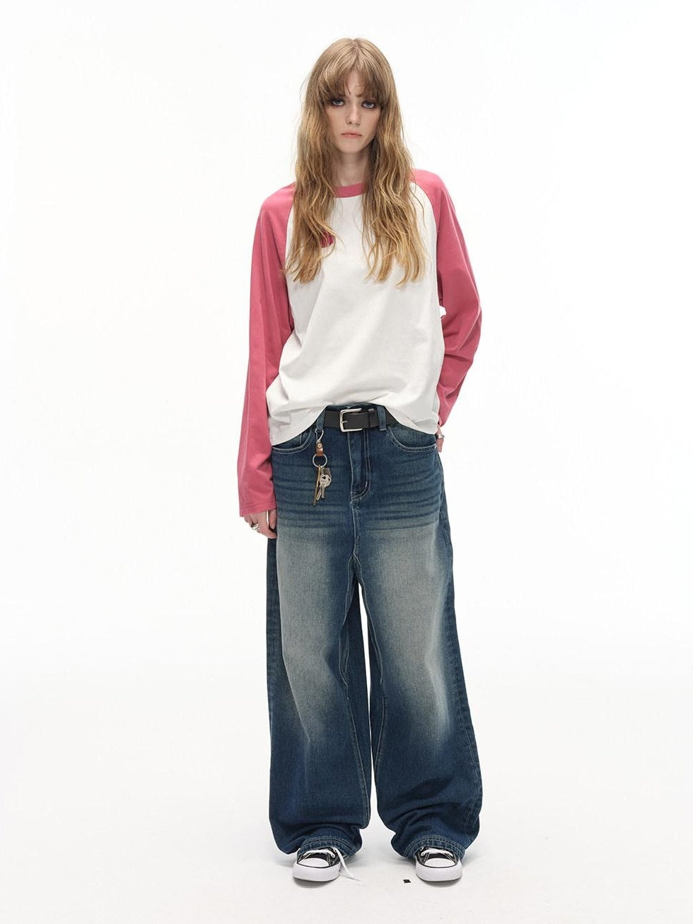 Country Moment Gradient Distressed Mid Rise Loose Straight Everyday Denim Blue Wide Leg Jeans