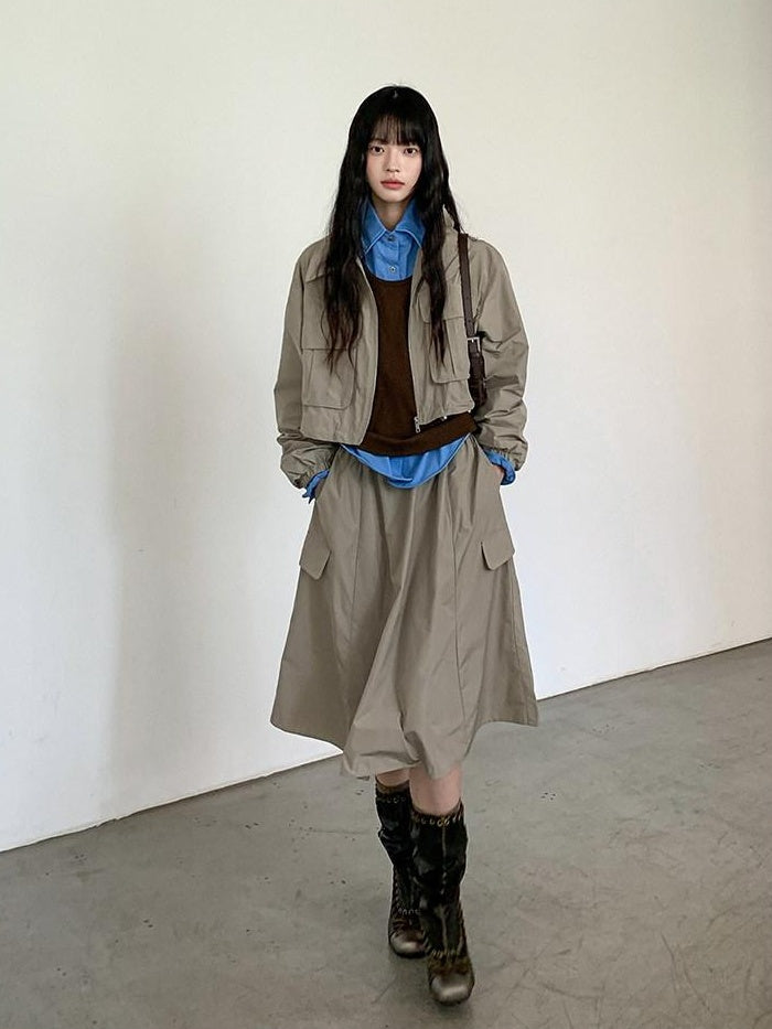 DDGIRL studio Zip Front Long Sleeve Lapel Collar Commuter Women Polyester Top & Shorts Sets