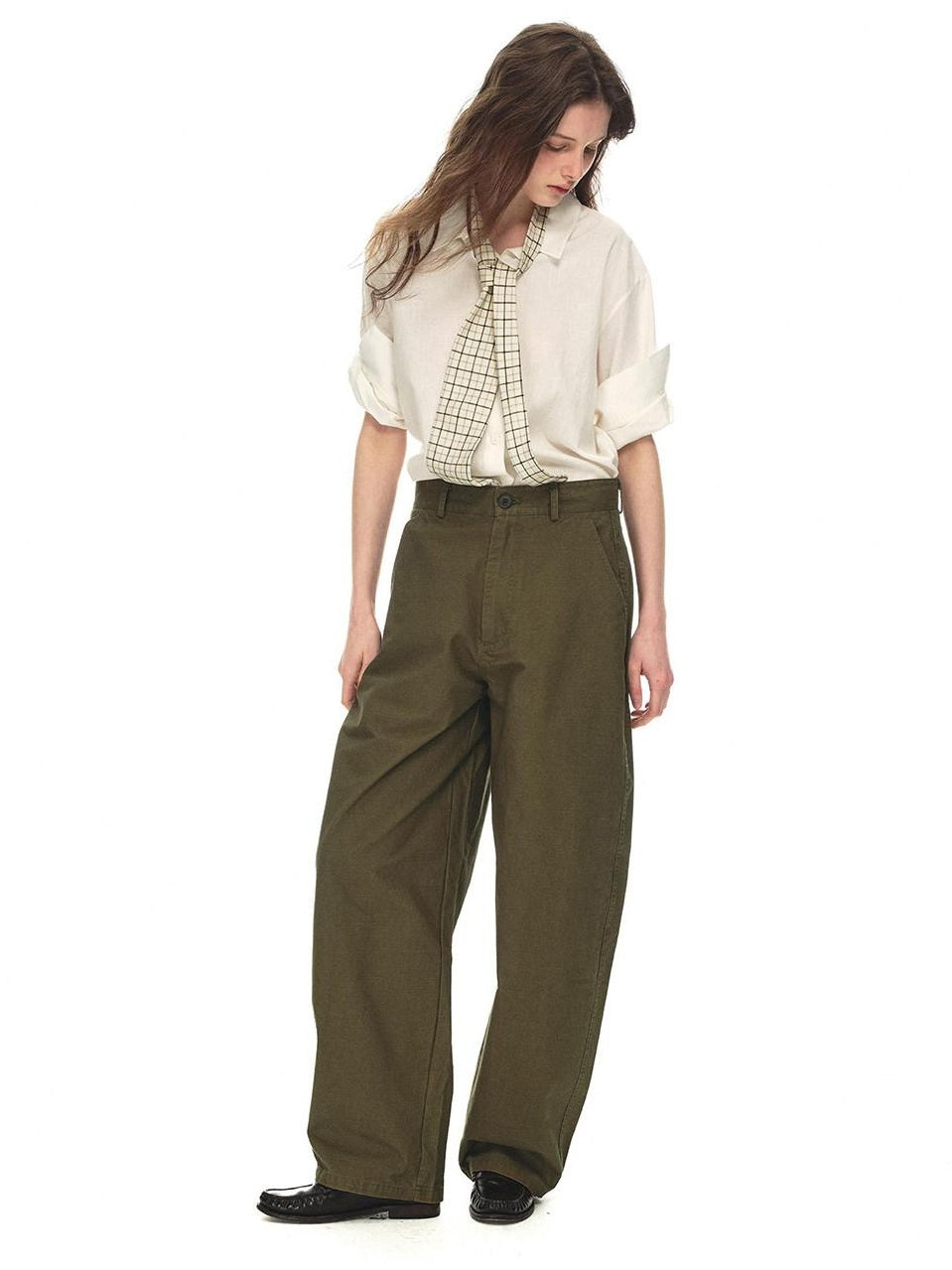 Country Moment Relaxed Cotton Button Fly Natural Waist Casual Army Green Wide Leg Pants