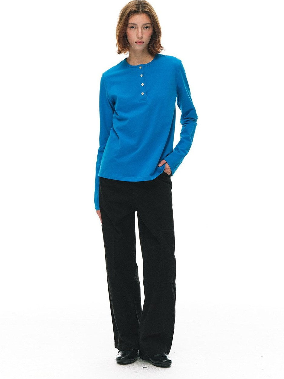 Country Moment Pure Cotton Breathable Henley Button Placket Women Citywalk Long Sleeve T-Shirts