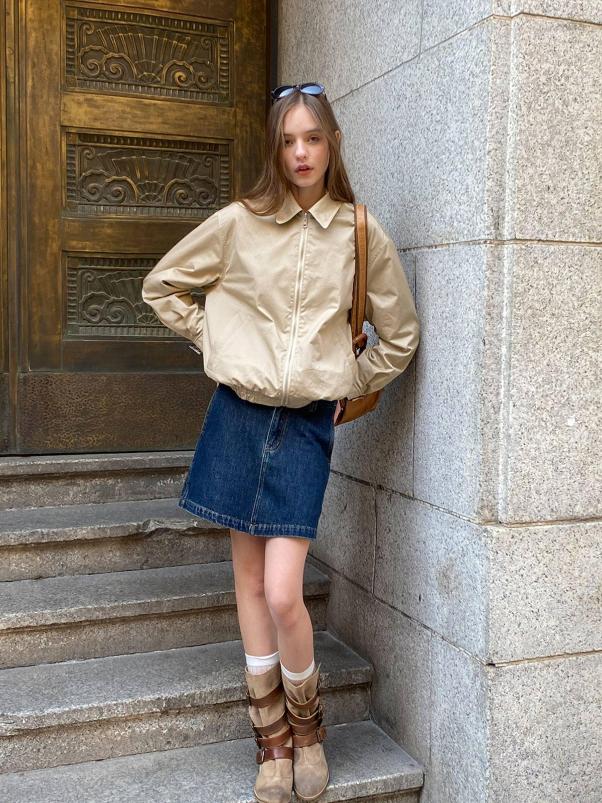 Country Moment Reversible Windproof Loose Fit Khaki Plaid Ribbed Hem Unisex Cropped Jackets