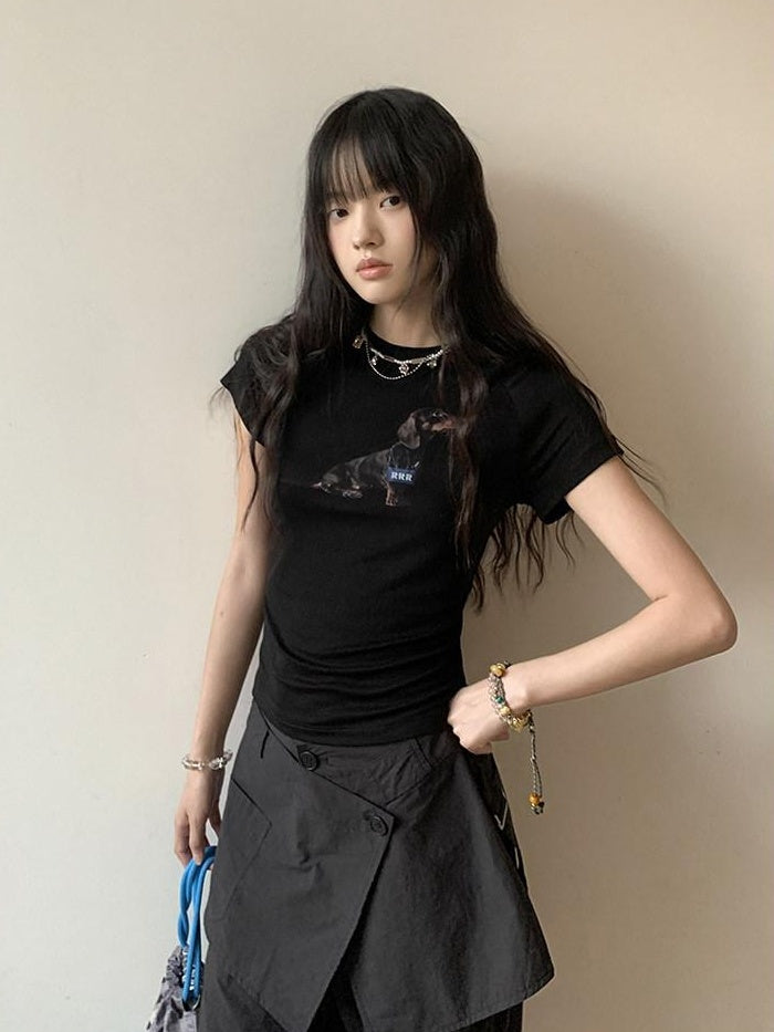 DDGIRL studio Quick Dry Lyocell Slim Fit Office Animal Print Black Short Sleeve T-Shirts