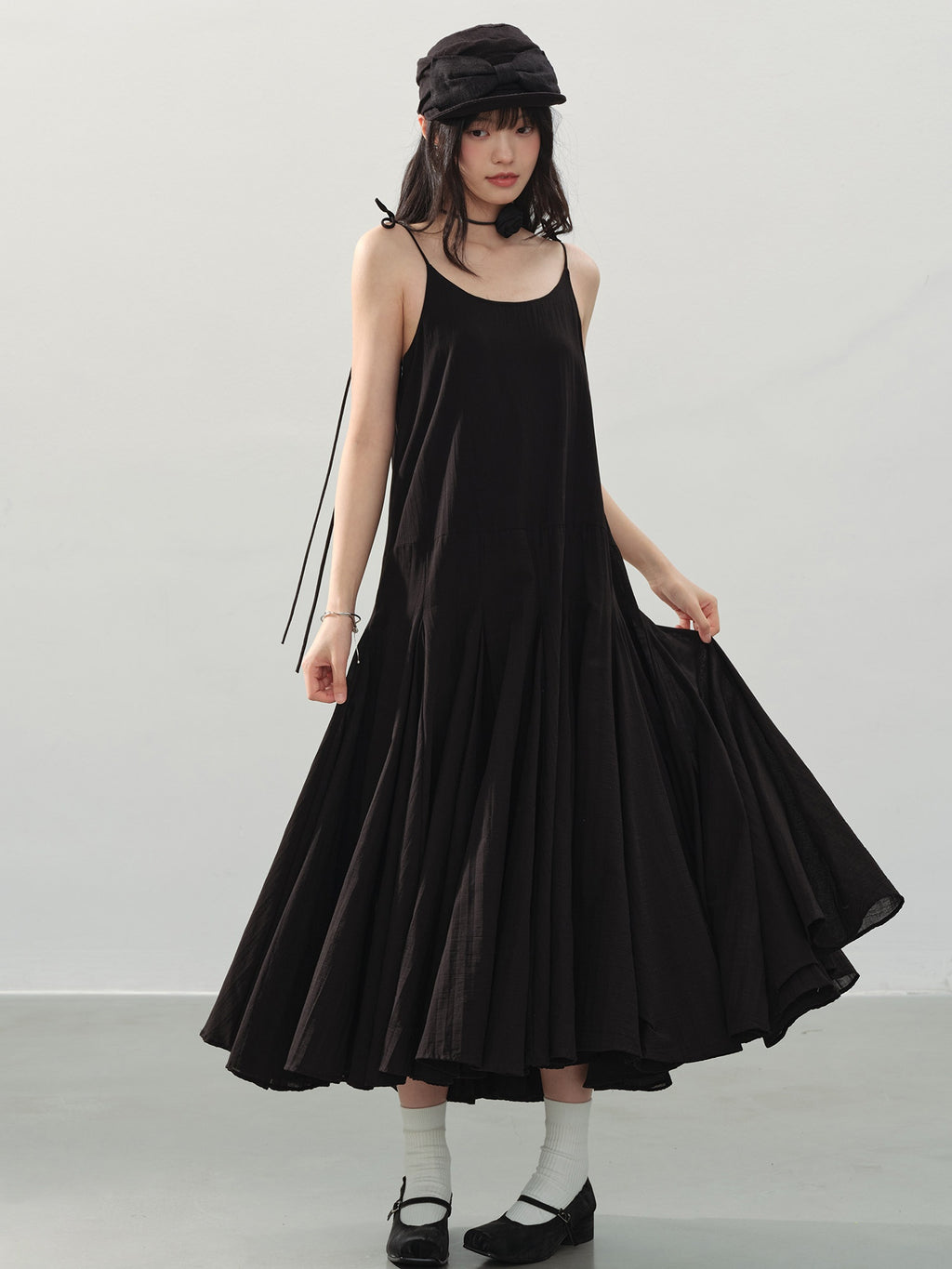 DDGIRL_studio_Soft_Washed_Cotton_Pleated_Elegant_A_Line_U_Neck_Sleeveless_Black_Midi_Dresses_MISSTT