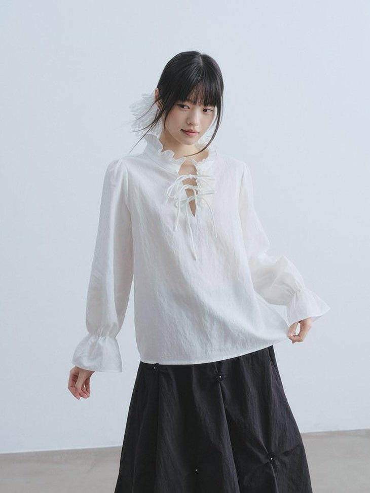 DDGIRL studio Breathable Non Deforming Ruffle Collar Bell Sleeve Straight Cut Commuter Shirts