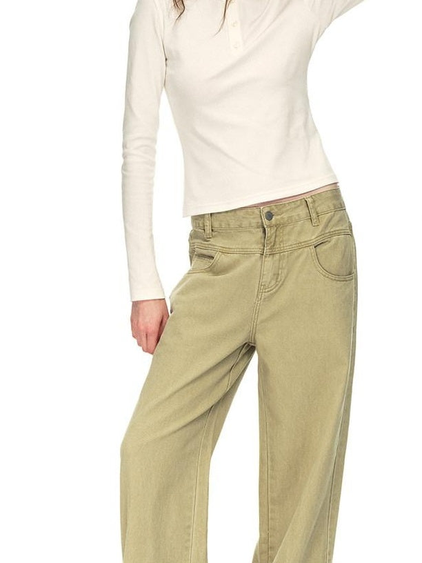 Country Moment Breathable Cotton Washed Patchwork Loose Cargo Mid Waist Casual Straight Pants