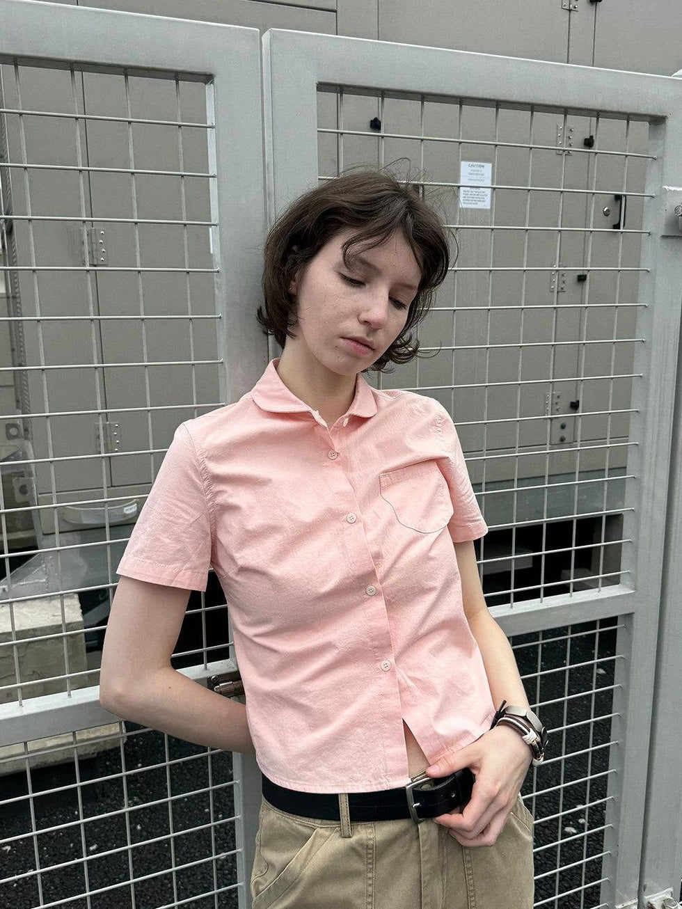 Country Moment Pure Cotton Slim Fit Cropped Doll Collar Women Short Sleeve Button Shirts