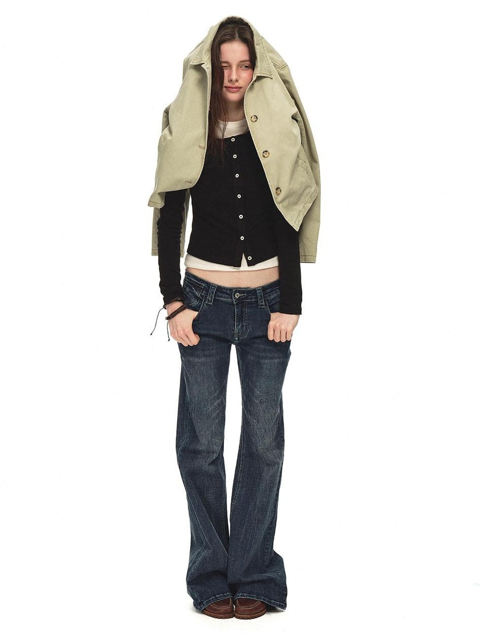 Country Moment Slimming Soft Breathable Distressed Low Rise Vintage Blue Stonewash Flared Jeans