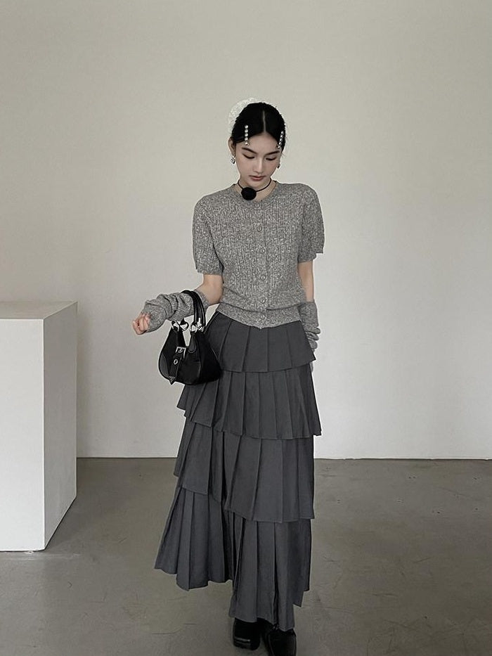 DDGIRL studio Lined High Waist Pleated Patchwork A Line Commuter Loose Fit Gray Midi Skirts