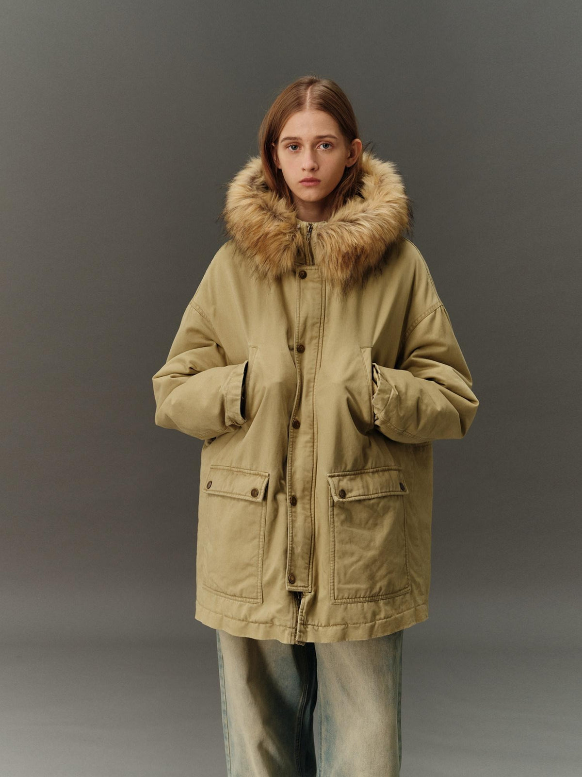 Country Moment Cotton Hooded Straight Fit Mid Length Zipper Street Khaki Green Puffer Jackets