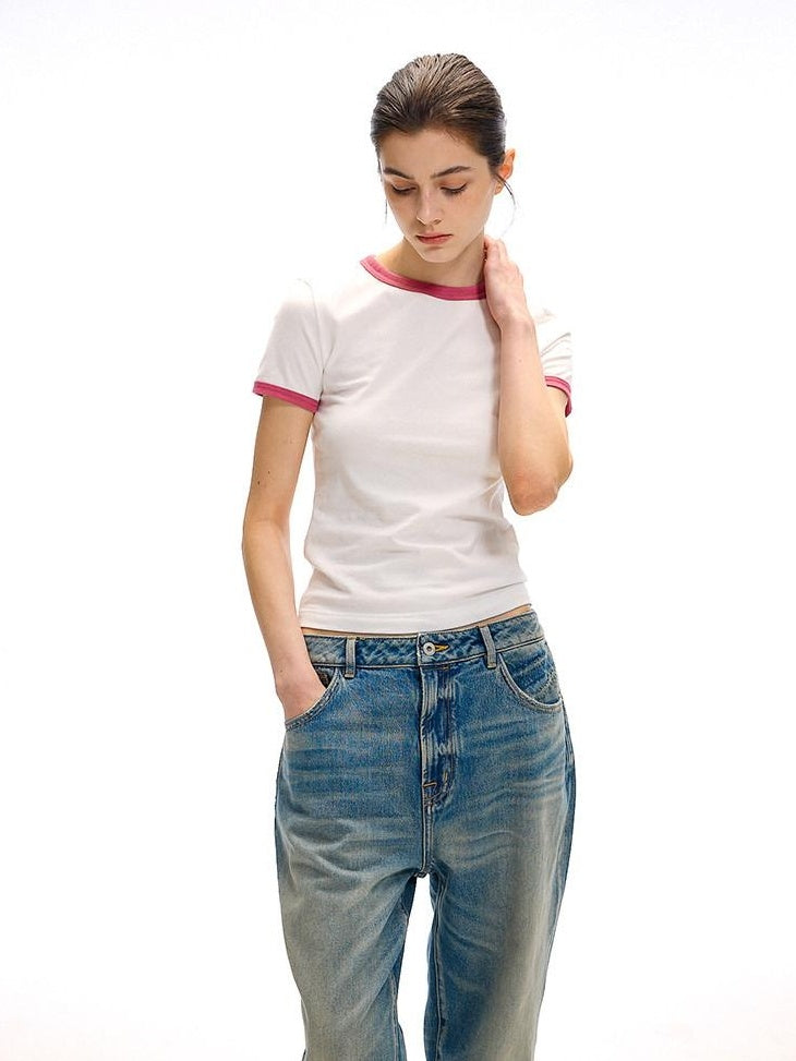 Country Moment 100% Cotton Ribbed Crew Neck Moisture Wicking Two Tone Short Sleeve T-Shirts