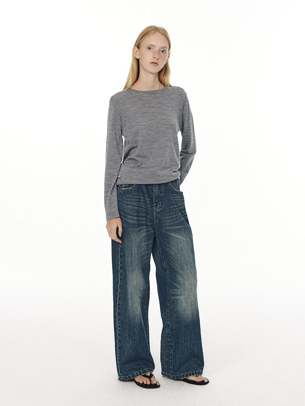 Country Moment Micro Stretch Mid Rise Vintage Blue Gradient Loose Unisex Straight Leg Jeans