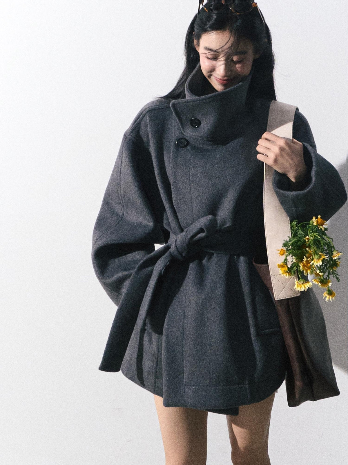7 OAKMOO Warm Thick Stand Collar Mid Length Loose Fit Commuter Womens Wool Coats