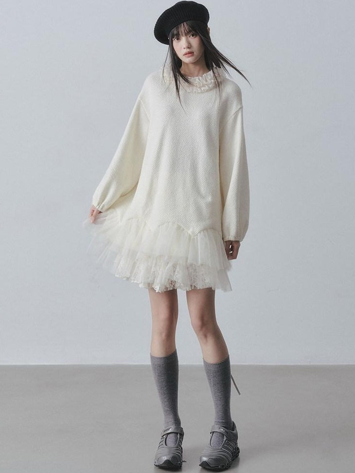 DDGIRL studio Sweet Soft Knit Tulle Panel A Line Long Sleeve Back Button Mini Dresses