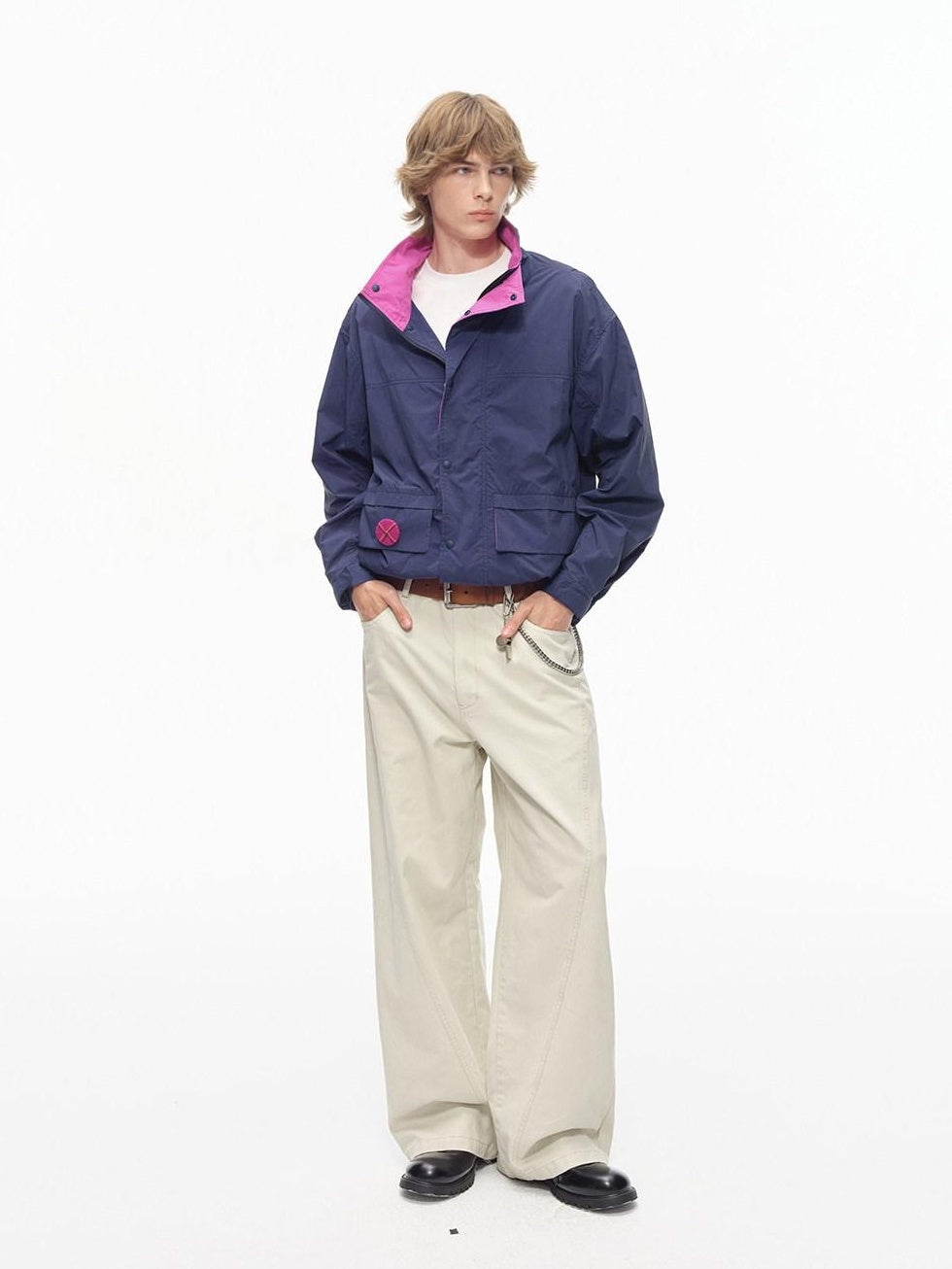 Country Moment Washed Patchwork Pure Cotton Mid Rise Loose Straight Youth Casual Wide Leg Pants