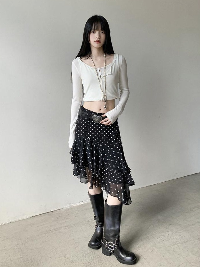 DDGIRL studio Shape Retaining Ruffle Hem High Waist Office Young Women Black Lined Midi Skirts