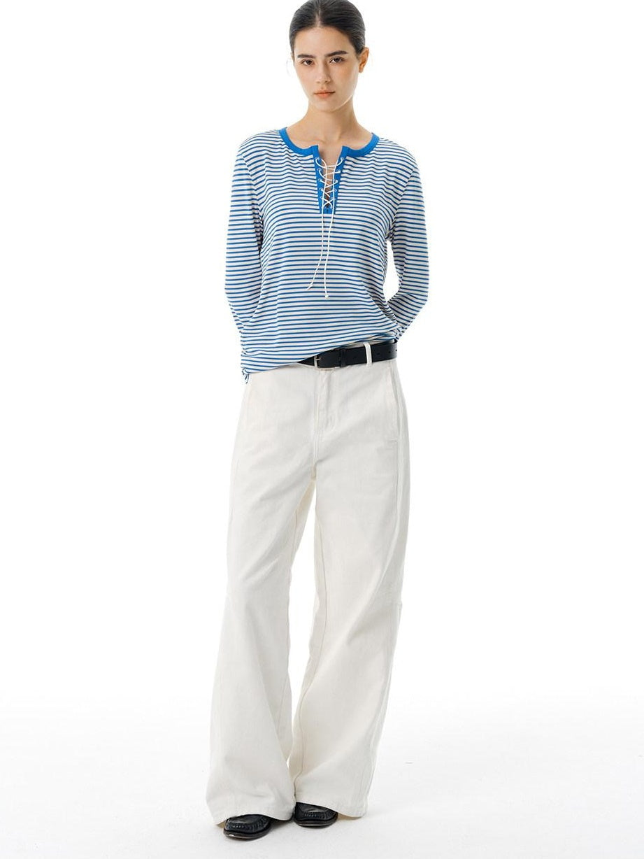 Country Moment Stretch Polyester Henley Tie Blue White Striped Unisex Long Sleeve T-Shirts
