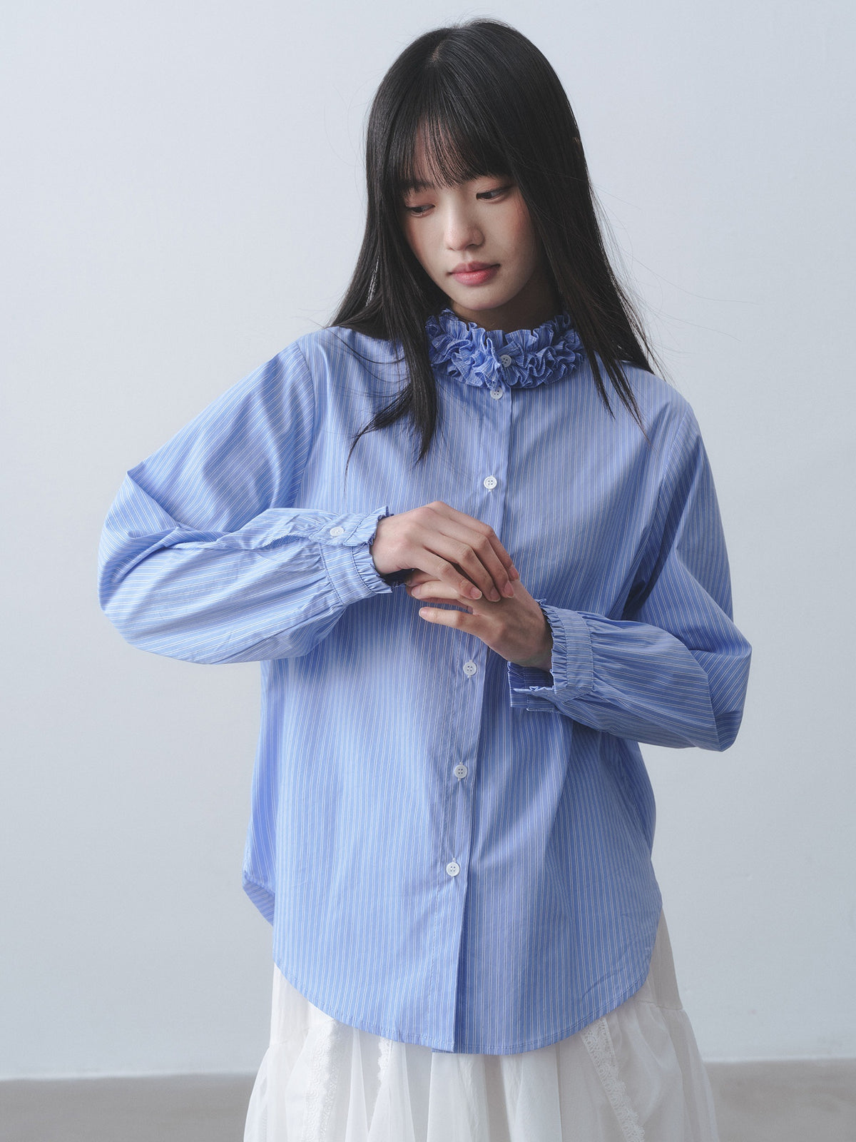 DDGIRL_studio_Cotton_Blend_Ruffle_Trim_Loose_Commuter_Striped_Mid_Length_Cardigan_Shirts_MISSTT