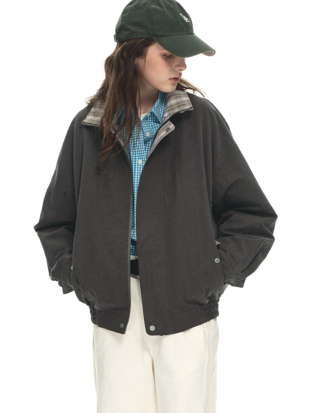 Country Moment Contrast Patchwork Relaxed Check Zip Long Sleeve Womens Cropped Jackets
