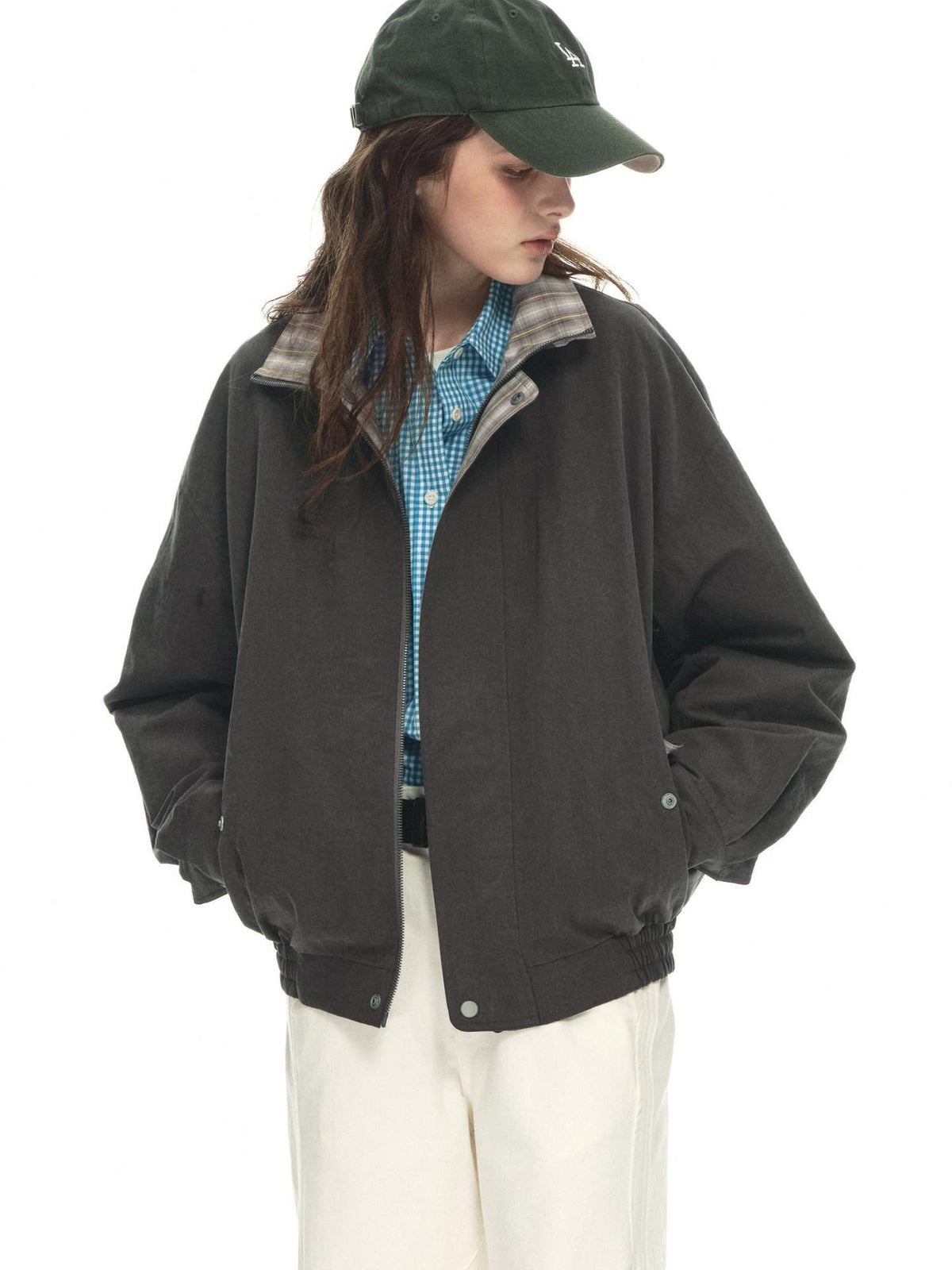Country Moment Contrast Patchwork Relaxed Check Zip Long Sleeve Womens Cropped Jackets