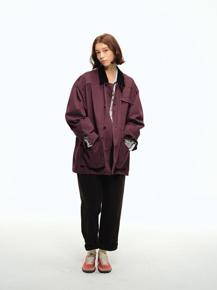 Country Moment Pure Cotton Relaxed Trendy Lapel Unisex Casual Solid Wine Red Short Coat