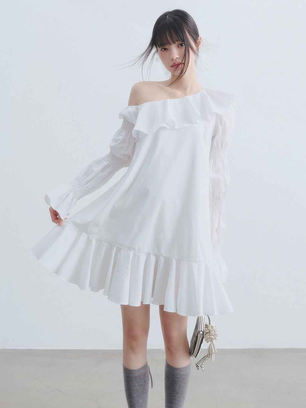DDGIRL studio Soft Cotton Blend Ruffle High Waist Aline Puff Sleeve Off Shoulder Midi Dresses