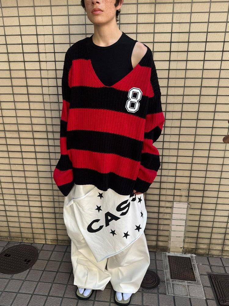 CasseSango Soft Breathable V-neck Openwork Colorblock Loose Unisex Casual Striped Sweaters