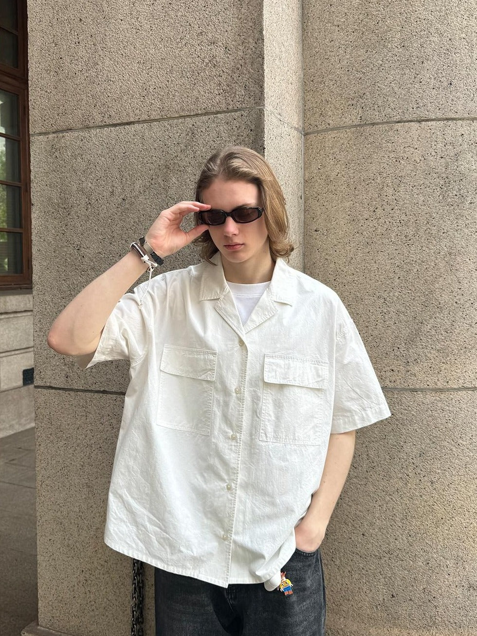Country Moment Washed Cotton Linen Loose Pocket Cuban Collar Youth Casual American Solid Shirts