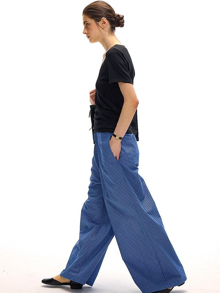 Country Moment 100 Percent Cotton Vintage Natural Waist Pockets Gem Blue Plaid Wide Leg Pants