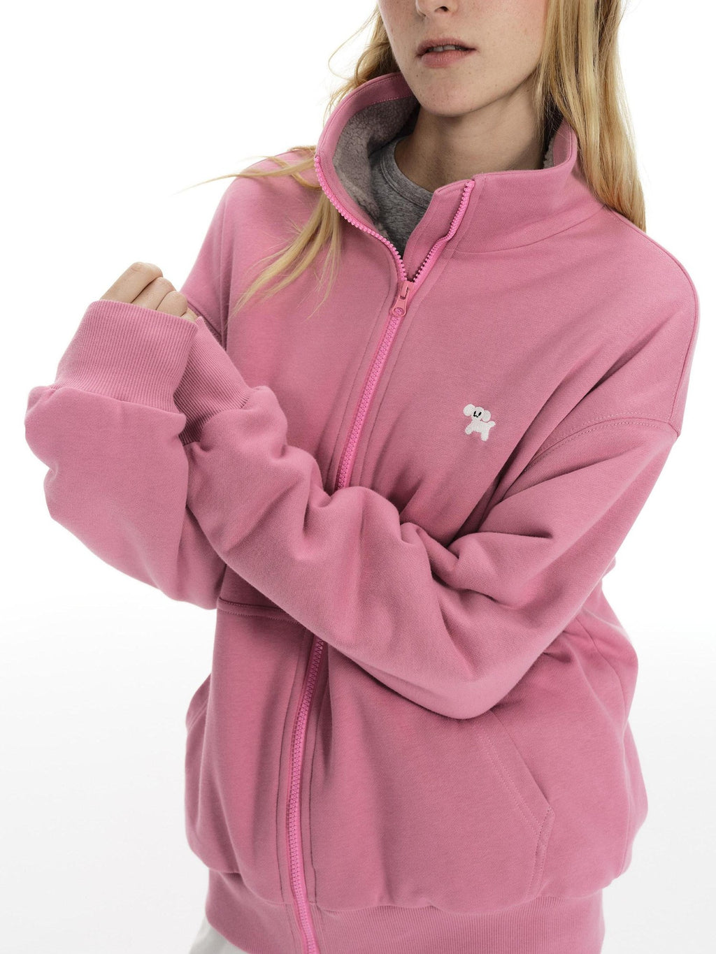 Country Moment Cozy Fleece Thick Loose Embroidered Stand Collar Unisex Cotton Zip Sweatshirt