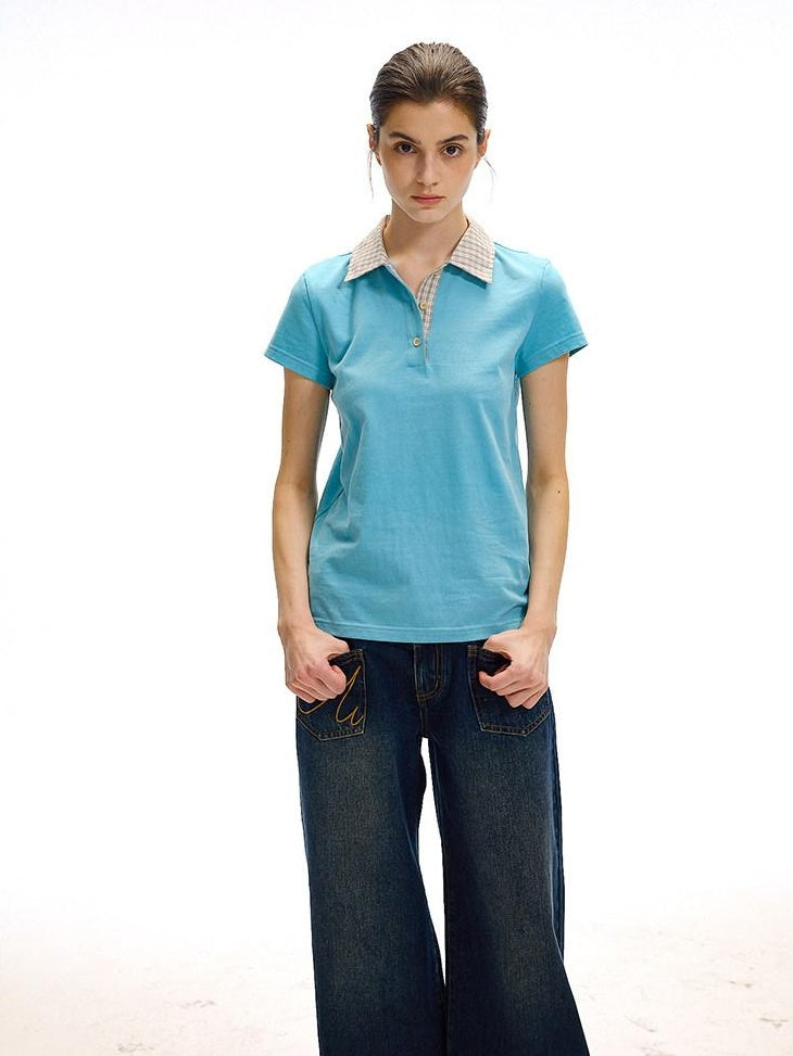 Country Moment 100% Cotton Patchwork Slim Fit Polo Collar Casual Plaid Short Sleeve T-Shirts